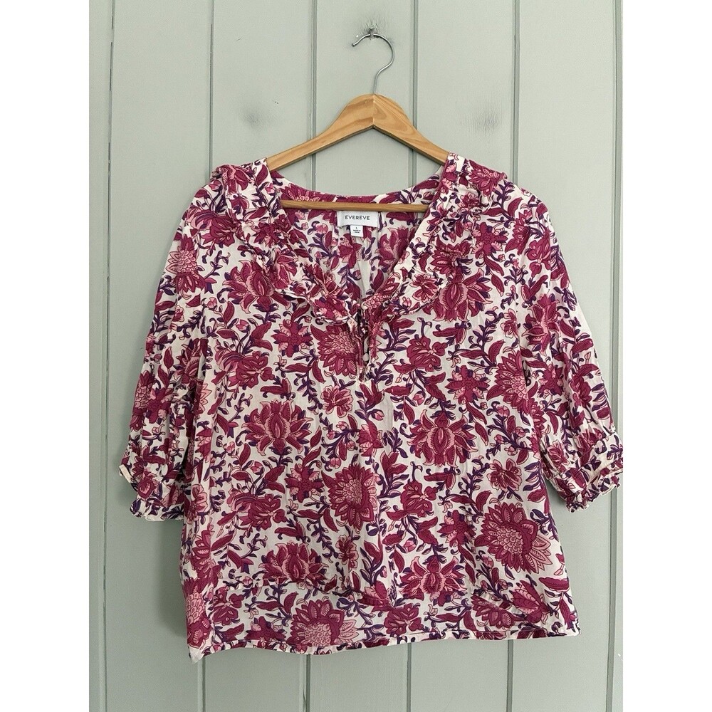 Evereve Blouse L Large Pink Floral Ruffle V-Neck 3/4 Puff Sleeves Cotton